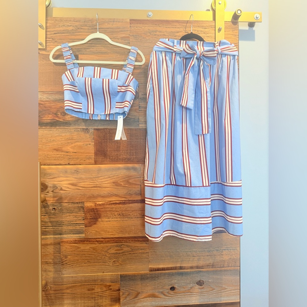Dress To Elegant Blue Striped A-Line Crop Top & Skirt Set - Picture 2 of 8